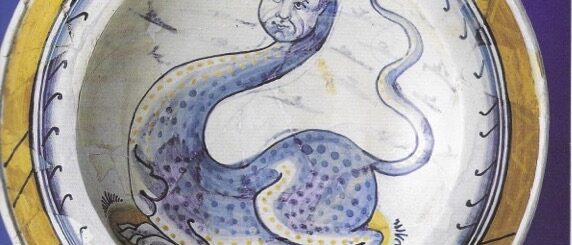 Piatto in maiolica viterbese sec. XV con figura mostruosa da R. Luzi ed altri Ceramiche Ed. Faul